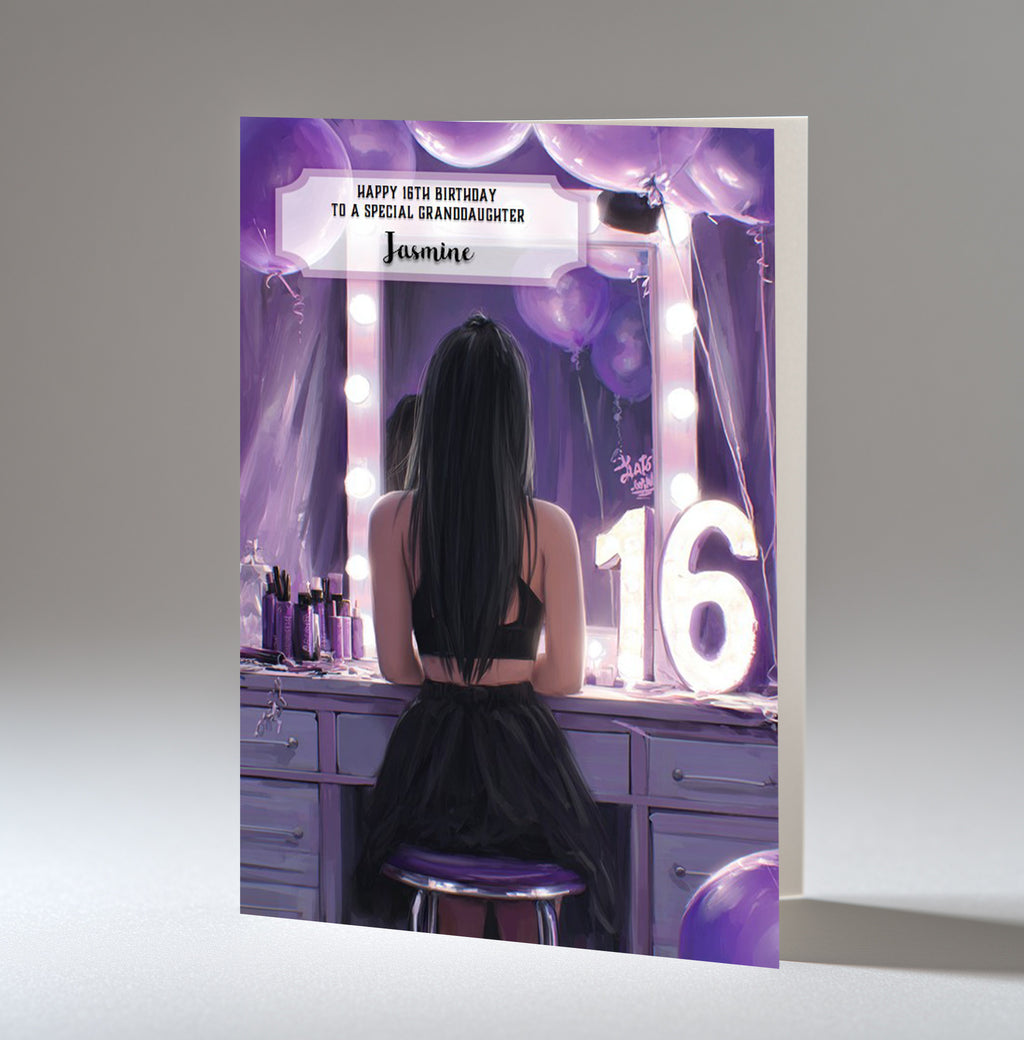16th Birthday Card For Girls, Granddaughter, Niece, Daughter, Friend, Teenager, Personalised, Dressing Table, Black Hair, A5 in size,