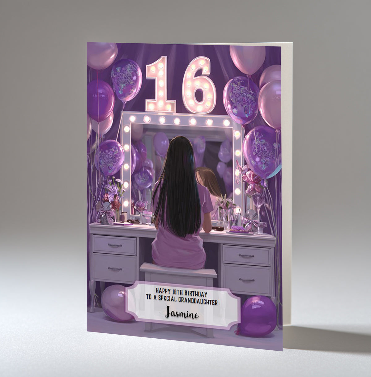 16th Birthday Card For Girls, Granddaughter, Niece, Daughter, Friend, Teenager, Personalised, Dressing Table, Black Hair, A5 in size,