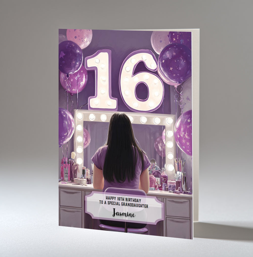 16th Birthday Card For Girls, Granddaughter, Niece, Daughter, Friend, Teenager, Personalised, Dressing Table, Black Hair, A5 in size,