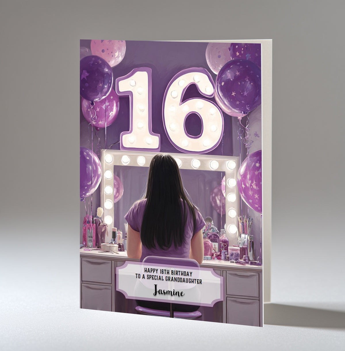 16th Birthday Card For Girls, Granddaughter, Niece, Daughter, Friend, Teenager, Personalised, Dressing Table, Black Hair, A5 in size,