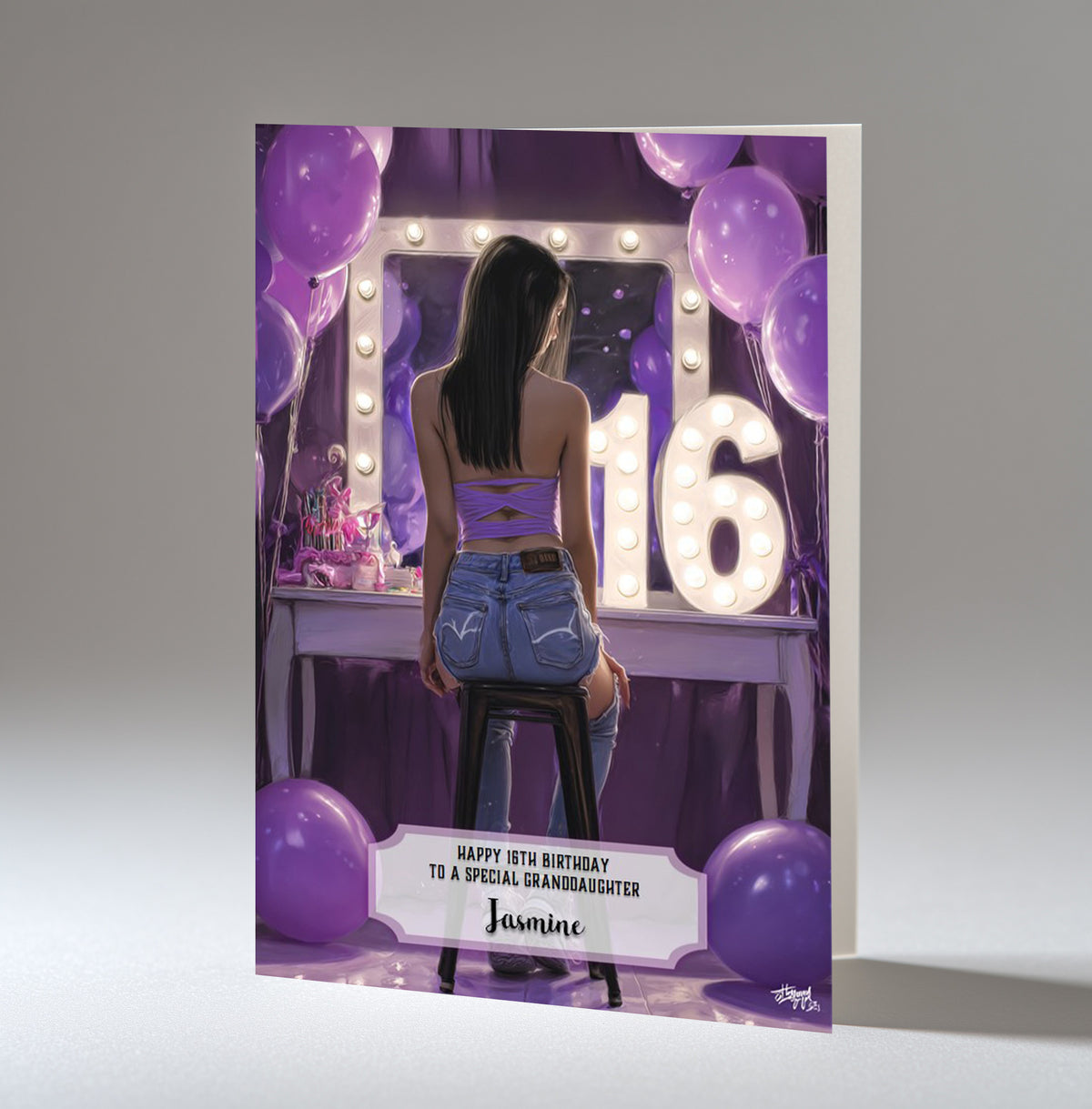 16th Birthday Card For Girls, Granddaughter, Niece, Daughter, Friend, Teenager, Personalised, Dressing Table, Brown Hair, A5 in size,
