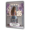 Personalised 16th birthday card with brown-haired girl, purple balloons and dressing table, shown on a white background