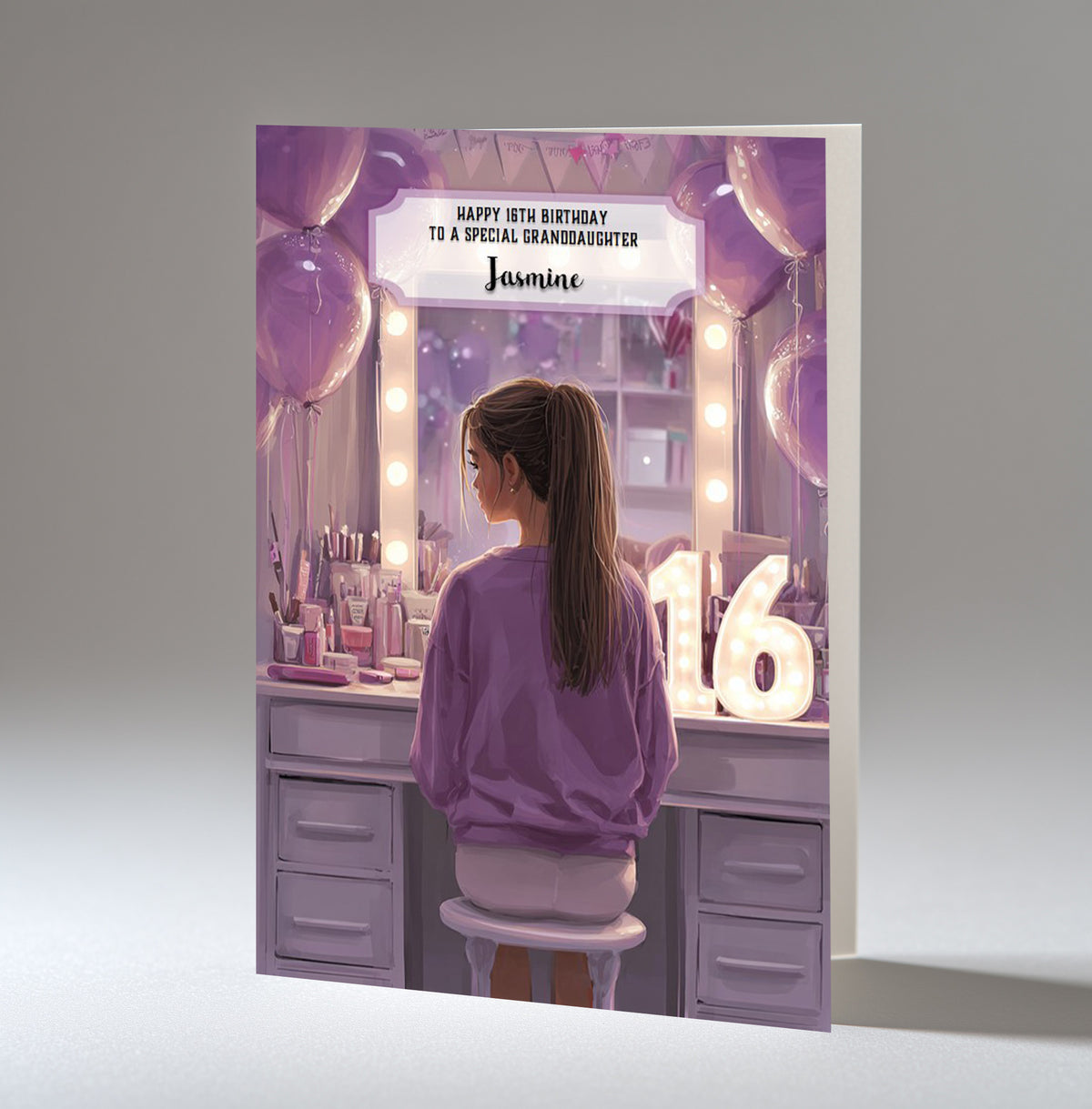 16th Birthday Card For Girls, Granddaughter, Niece, Daughter, Friend, Teenager, Personalised, Dressing Table, Brown Hair, A5 in size,