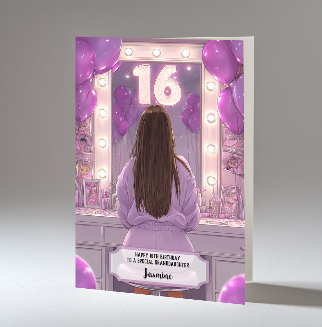 16th Birthday Card For Girls, Granddaughter, Niece, Daughter, Friend, Teenager, Personalised, Dressing Table, Brown Hair, A5 in size,