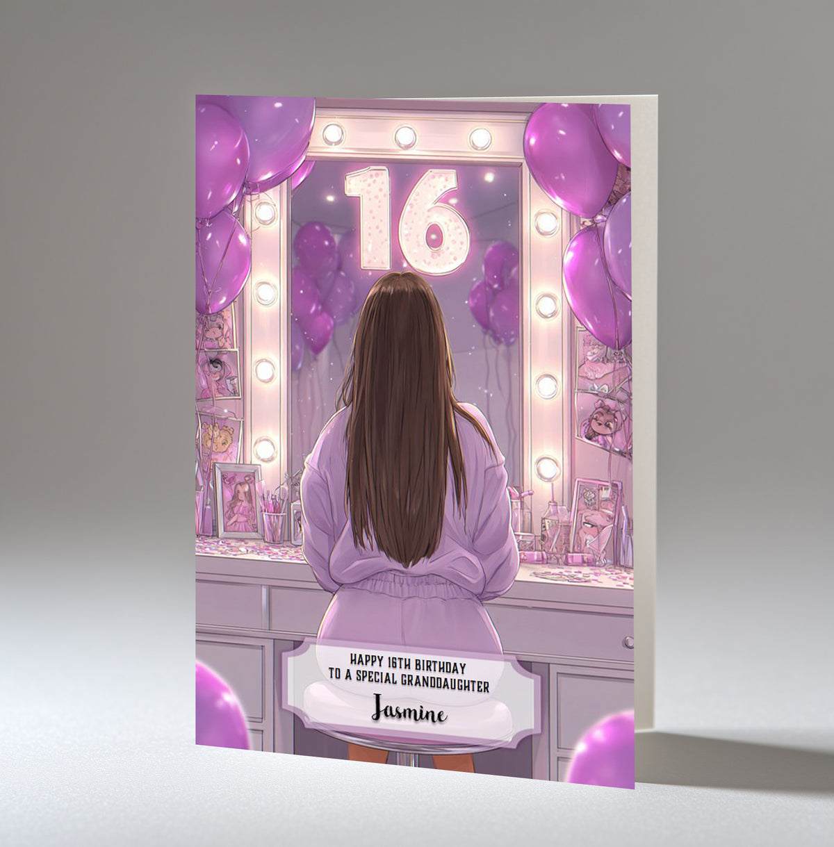 16th Birthday Card For Girls, Granddaughter, Niece, Daughter, Friend, Teenager, Personalised, Dressing Table, Brown Hair, A5 in size,