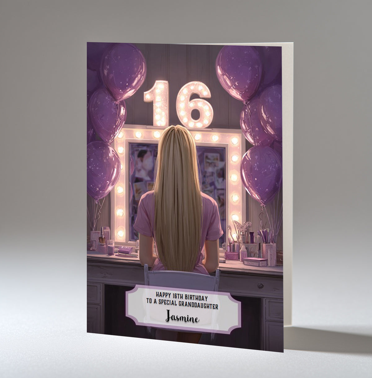 16th Birthday Card For Girls, Granddaughter, Niece, Daughter, Friend, Teenager, Personalised, Dressing Table, Blonde Hair, A5 in size,