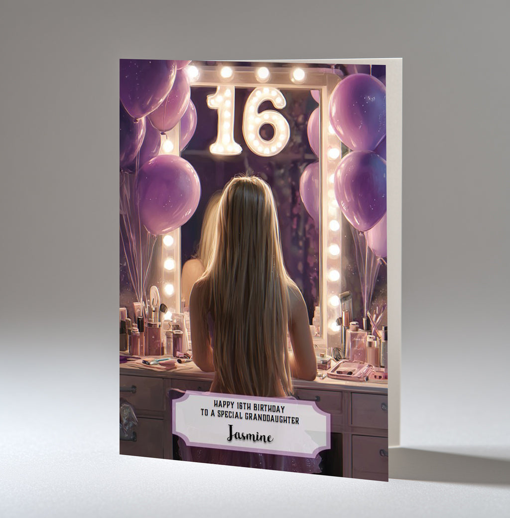 16th Birthday Card For Girls, Granddaughter, Niece, Daughter, Friend, Teenager, Personalised, Dressing Table, Blonde Hair, A5 in size,
