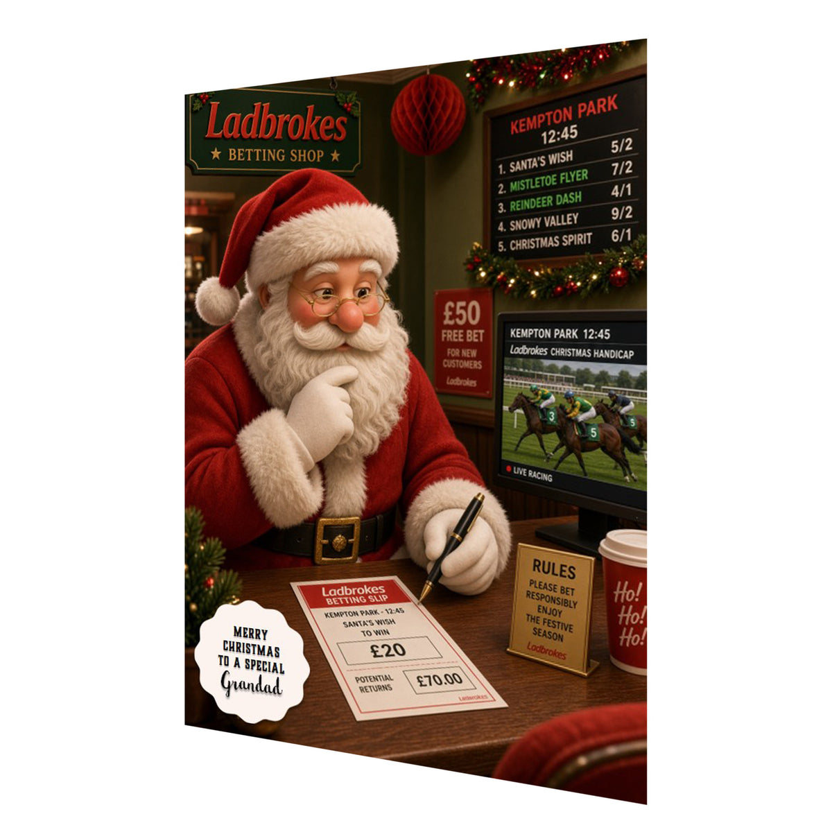 Personalised Christmas Card - Santa in a Betting Shop