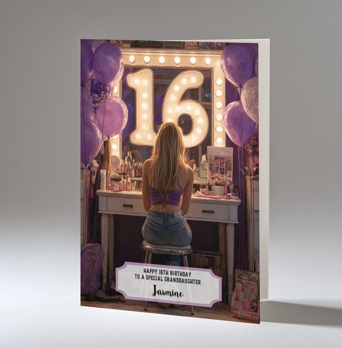 16th Birthday Card For Girls, Granddaughter, Niece, Daughter, Friend, Teenager, Personalised, Dressing Table, Blonde Hair, A5 in size,