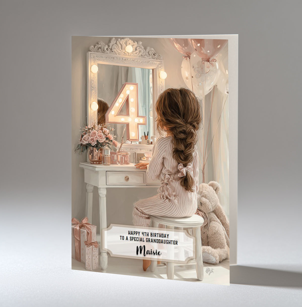 4th Birthday Card Girl, Granddaughter, Daughter Niece, Brown Hair A5 Size