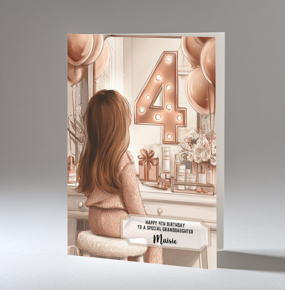 Personalised 4th Birthday Card - Girl at a Dressing Table with Number Lights