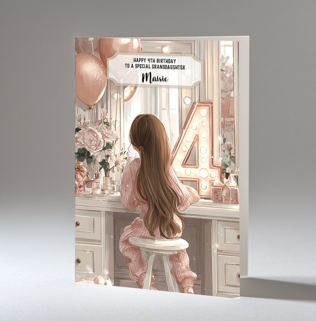 Personalised 4th Birthday Card - Girl at a Dressing Table with Number Lights