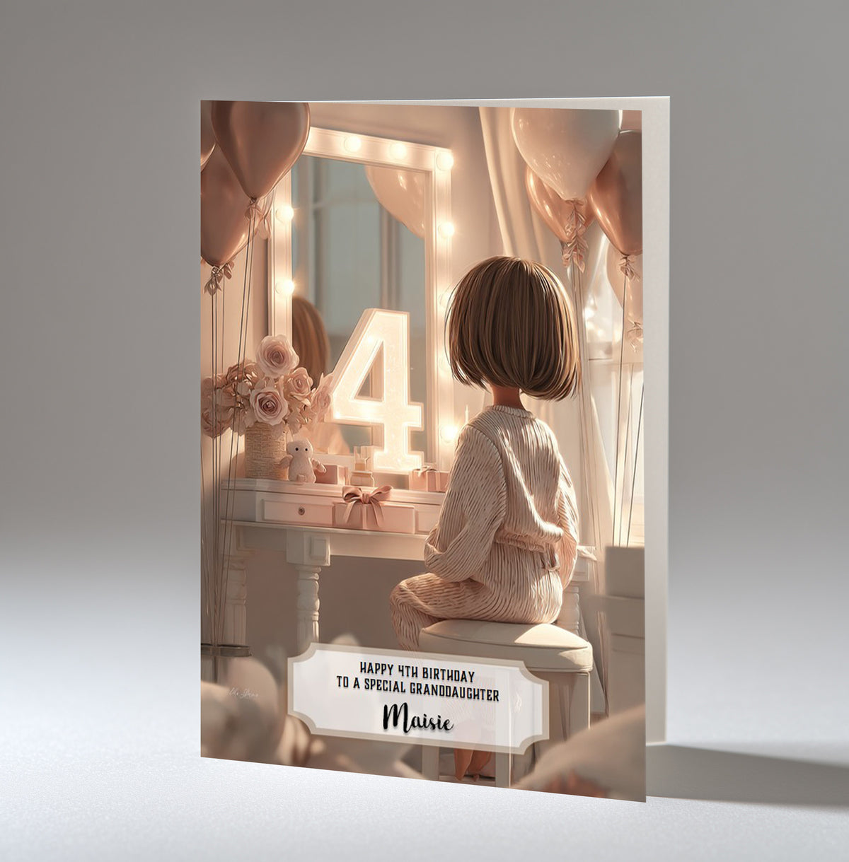 Personalised 4th Birthday Card - Girl at a Dressing Table with Number Lights