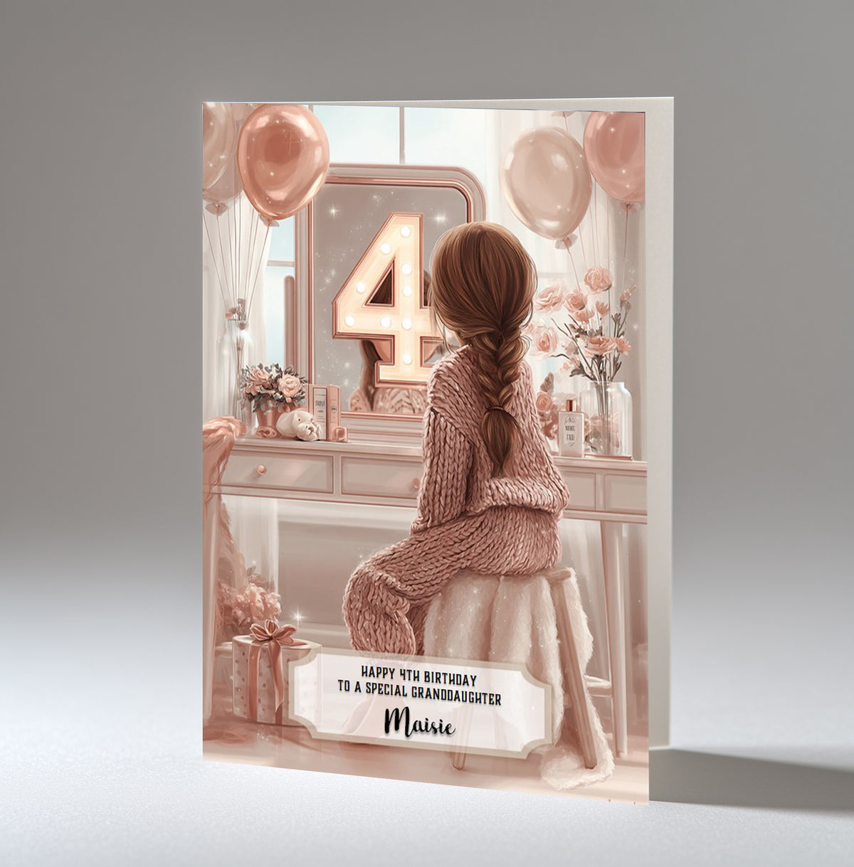 4th Birthday Card Girl, Granddaughter, Daughter Niece, Brown Hair A5 Size