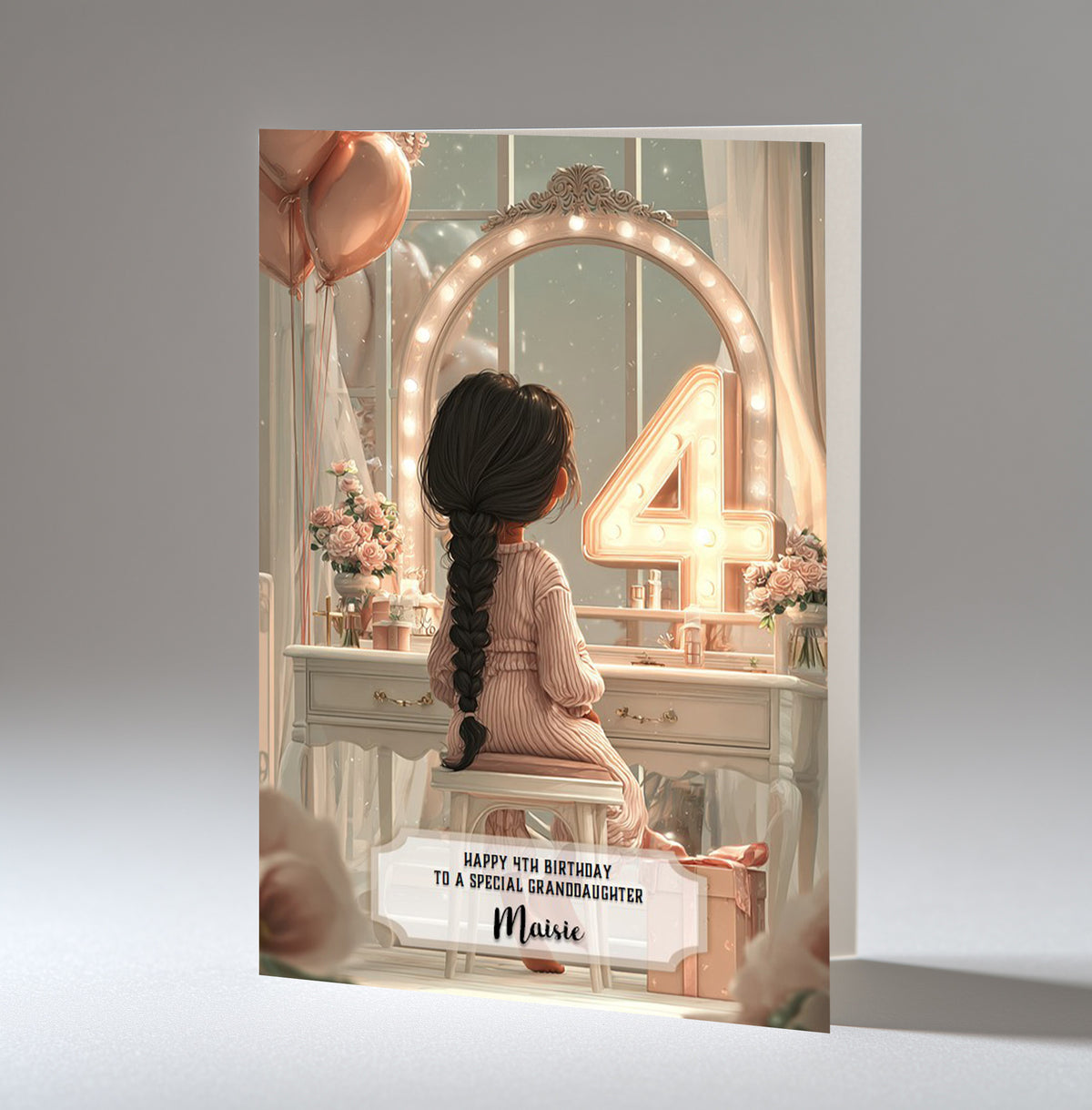 Personalised 4th Birthday Card - Girl at a Dressing Table with Number Lights