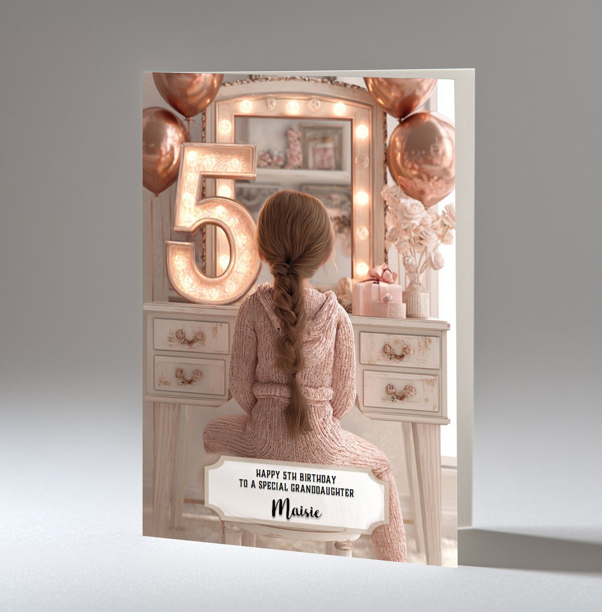 Personalised 5th Birthday Card - Girl at a Dressing Table with Number Lights