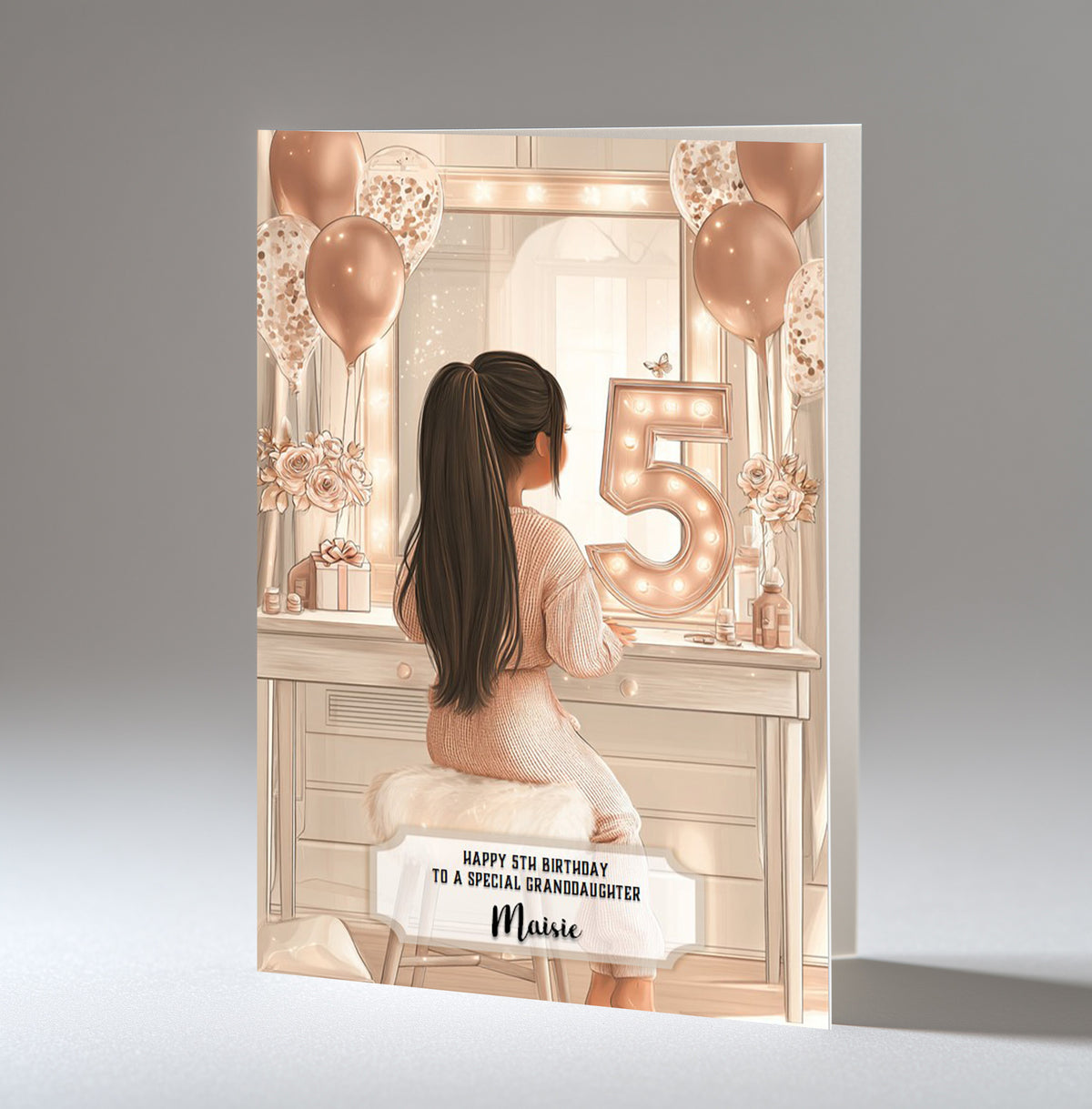 Personalised 5th Birthday Card - Girl at a Dressing Table with Number Lights
