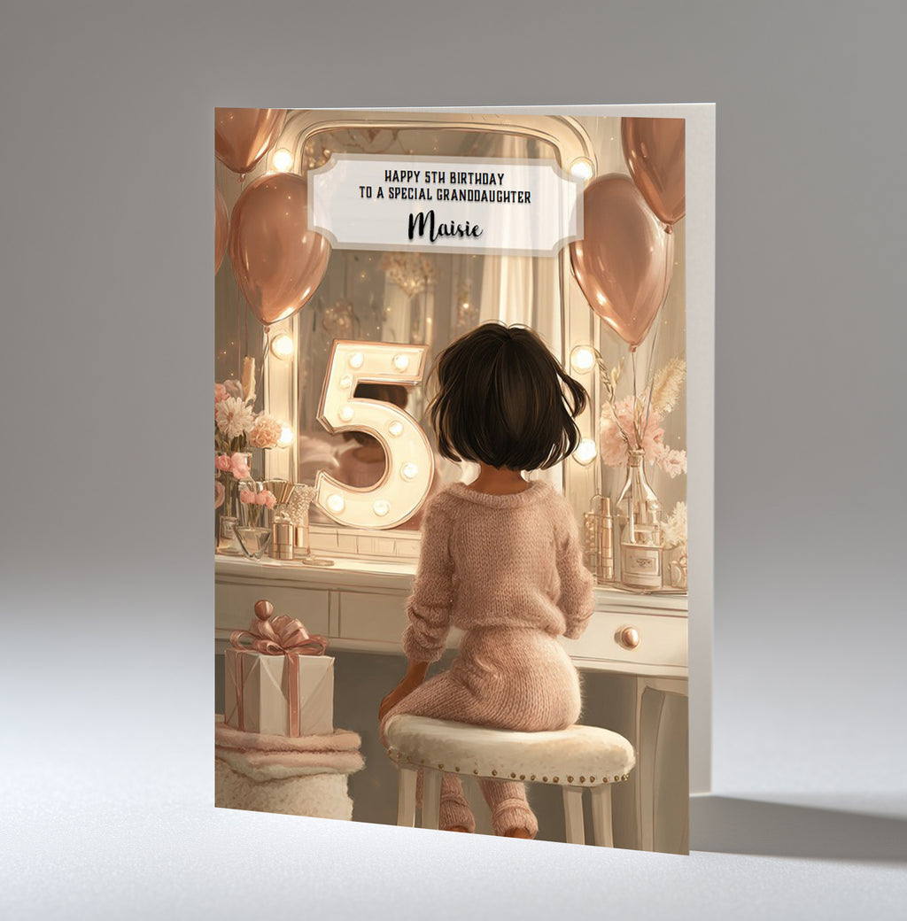 Personalised 5th Birthday Card - Girl at a Dressing Table with Number Lights