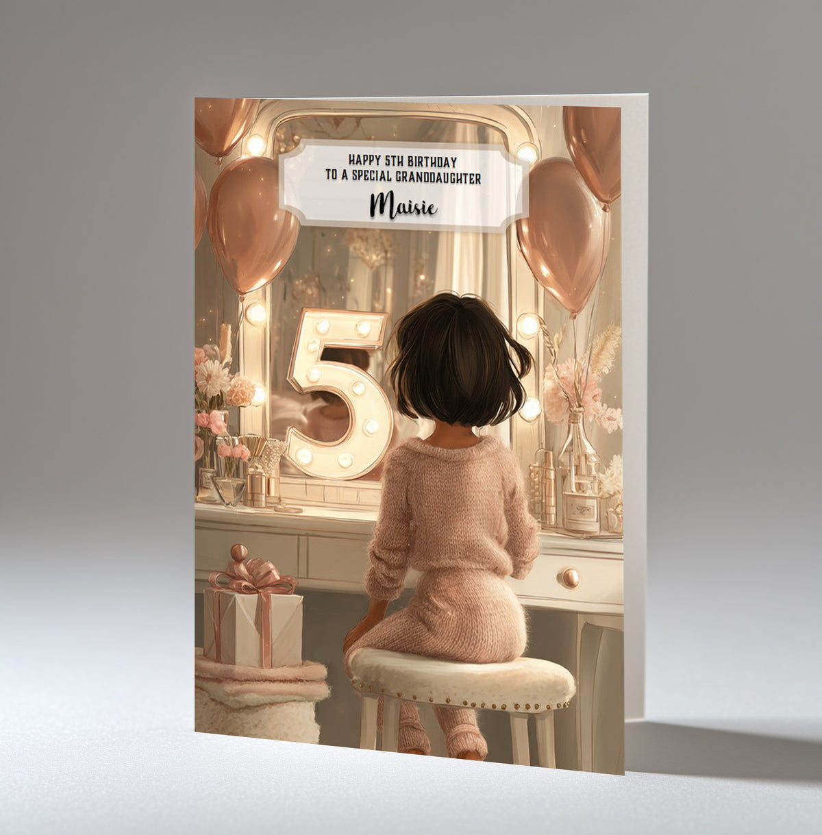 Personalised 5th Birthday Card - Girl at a Dressing Table with Number Lights