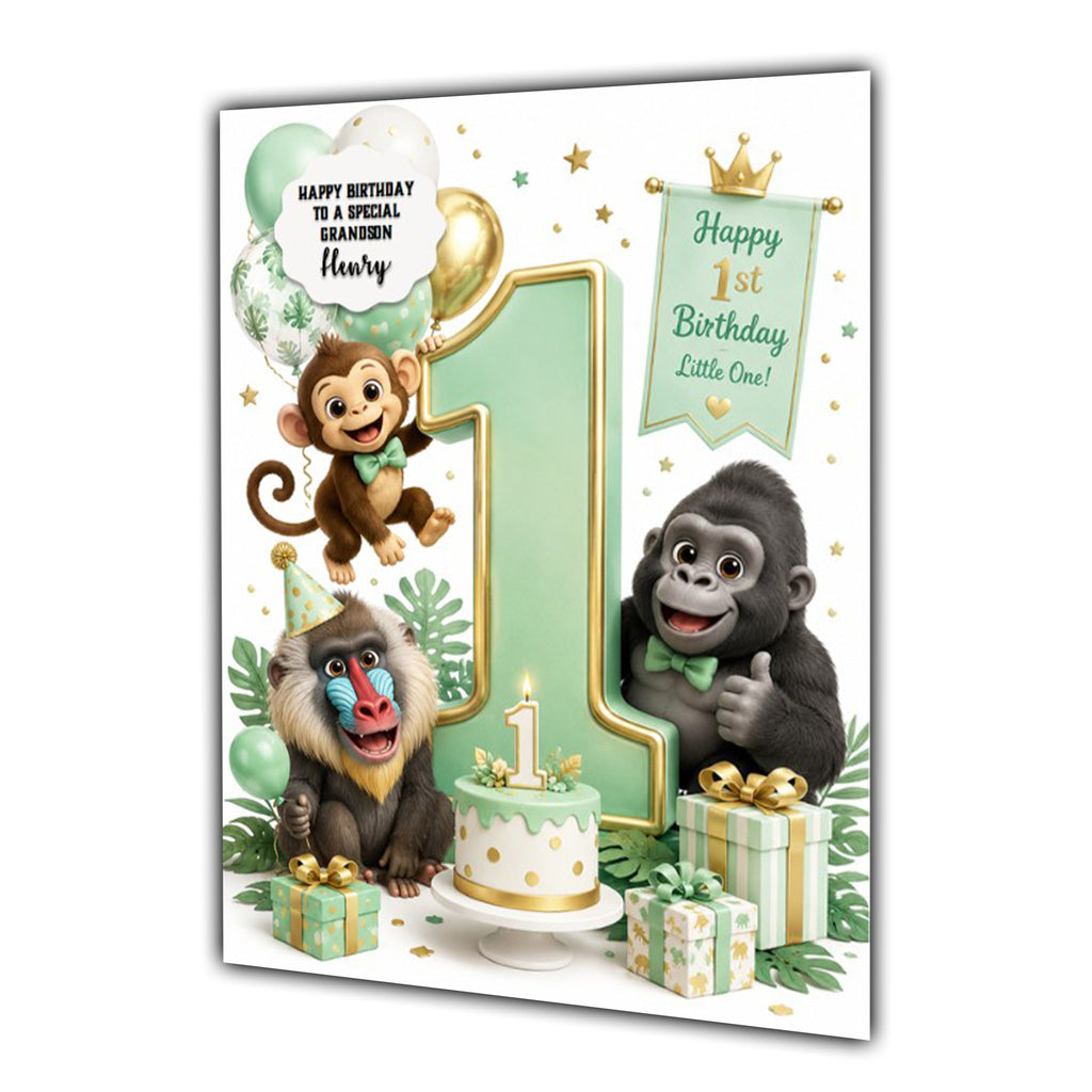 1st Birthday Card for Boys Personalised, Son, Grandson, Animals,  A5 Size