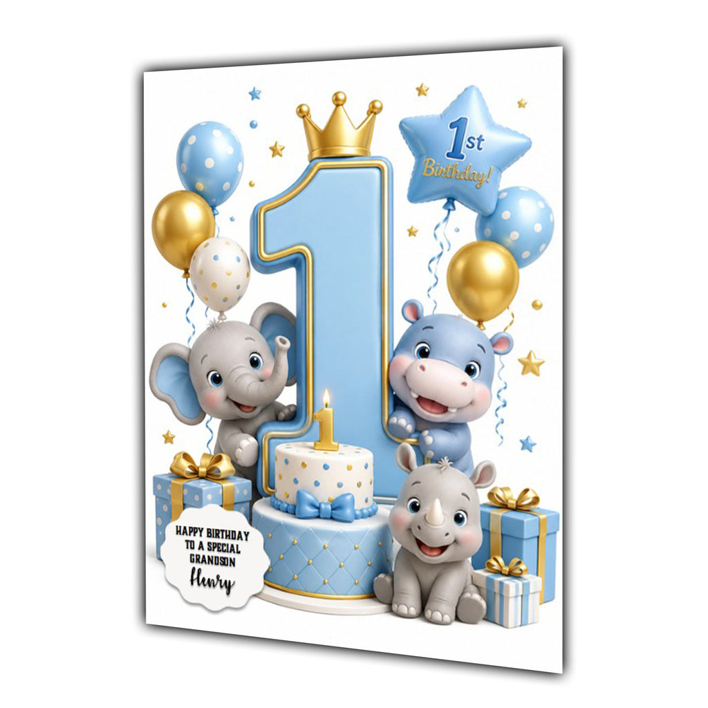 1st Birthday Card for Boys Personalised, Son, Grandson, Animals,  A5 Size