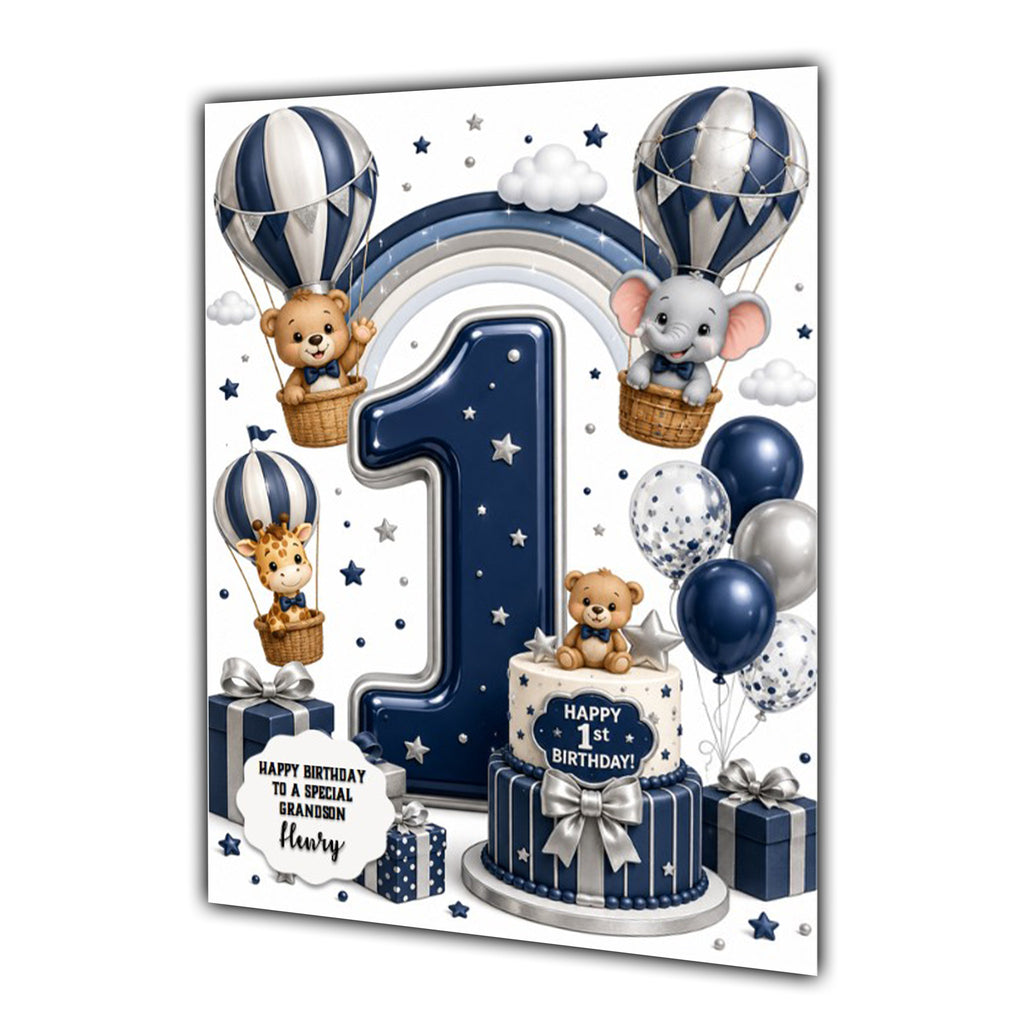1st Birthday Card for Boys Personalised, Son, Grandson, Animals,  A5 Size