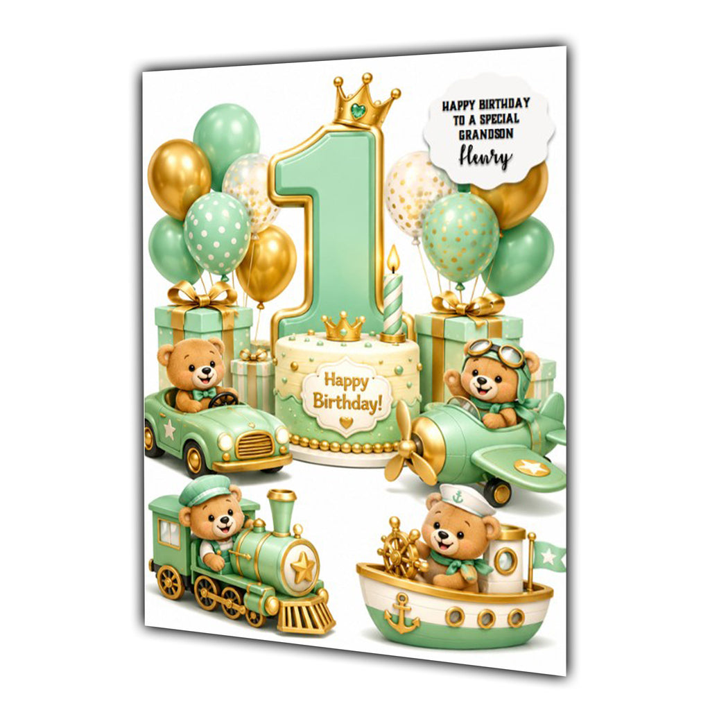 1st Birthday Card For Boys, First, Grandson, Son, Nephew, Great, Train, Car, Boat, Plane,