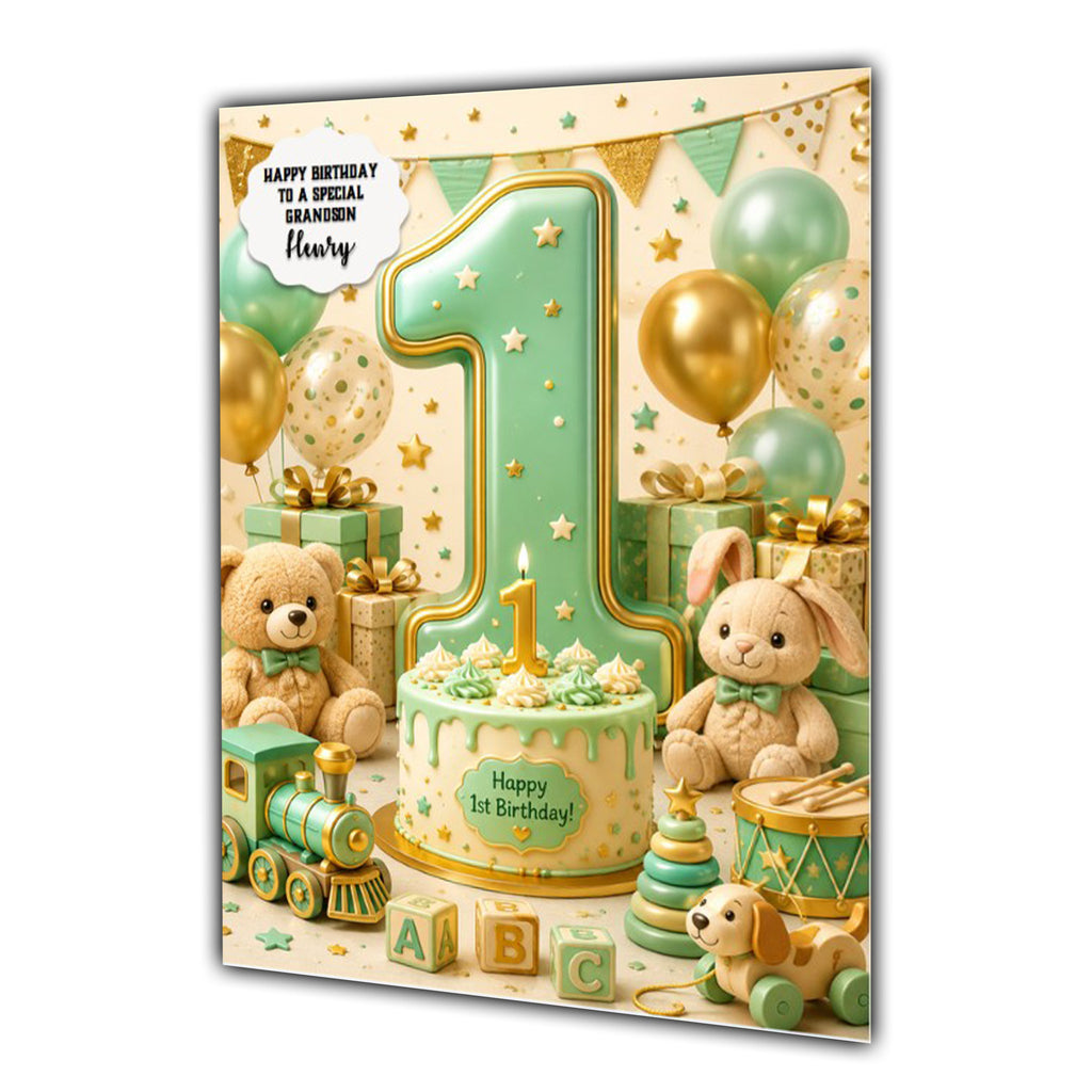 1st Birthday Card for Boys Personalised, Son, Grandson, Animals,  A5 Size
