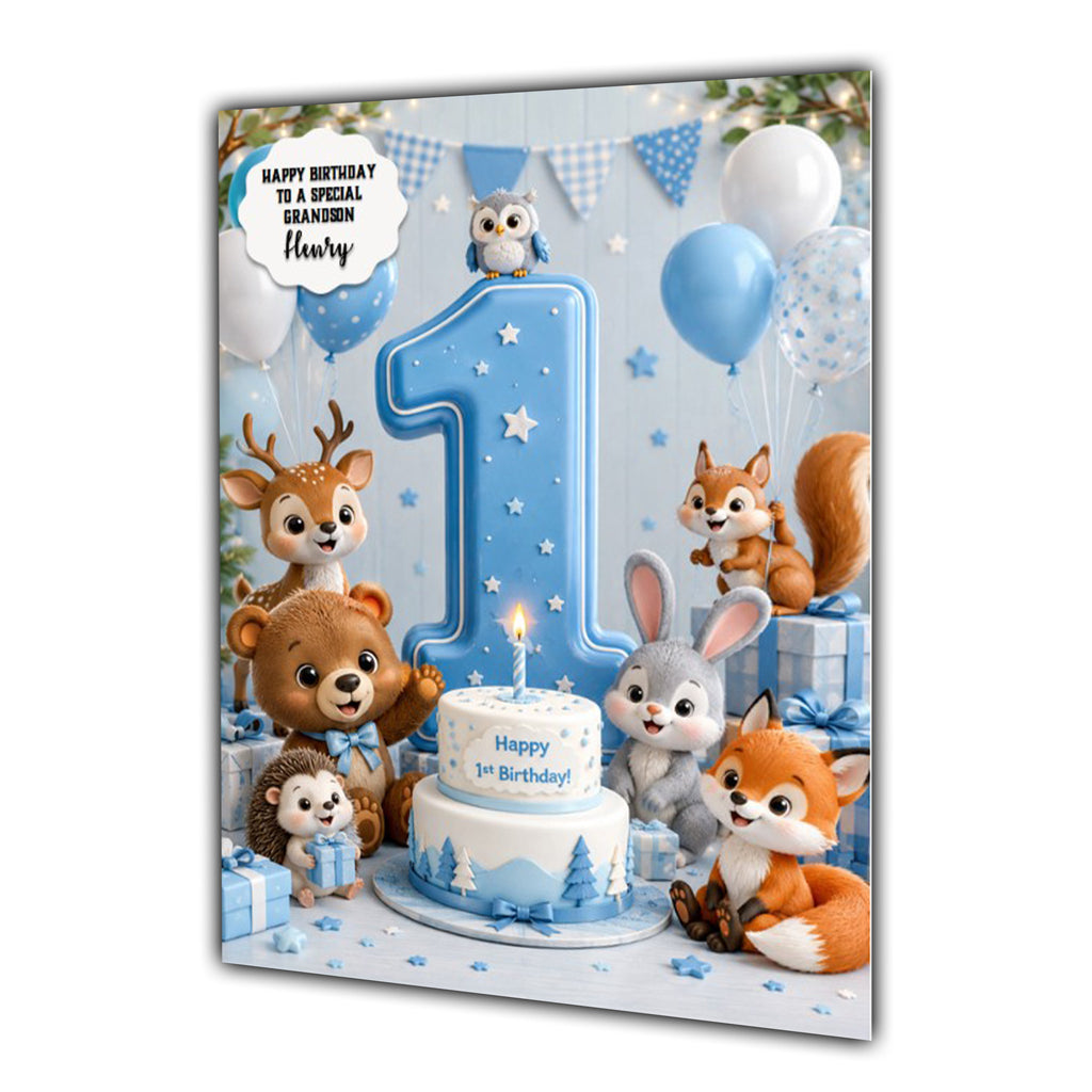 1st Birthday Card for Boys Personalised, Son, Grandson, Animals,  A5 Size