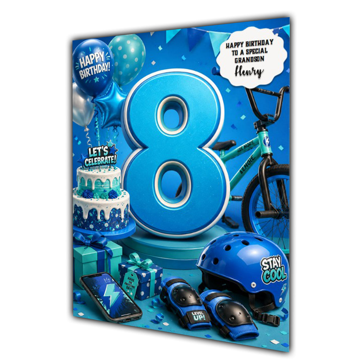 8th Birthday Card for Boys Personalised, Son, Grandson, Nephew,  A5 Size
