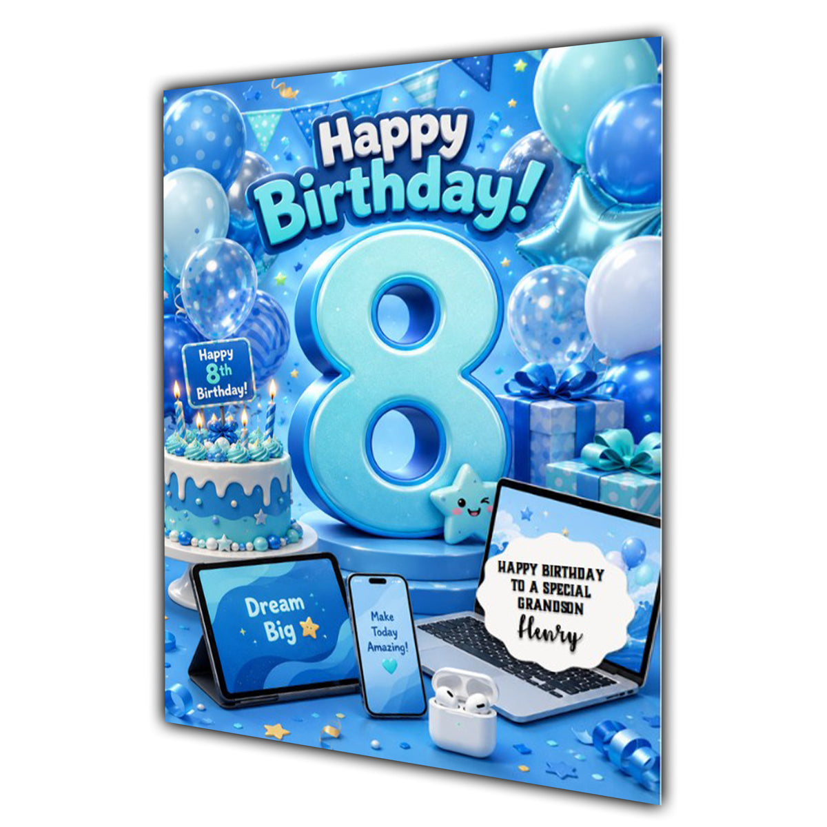 8th Birthday Card for Boys Personalised, Son, Grandson, Nephew,  A5 Size
