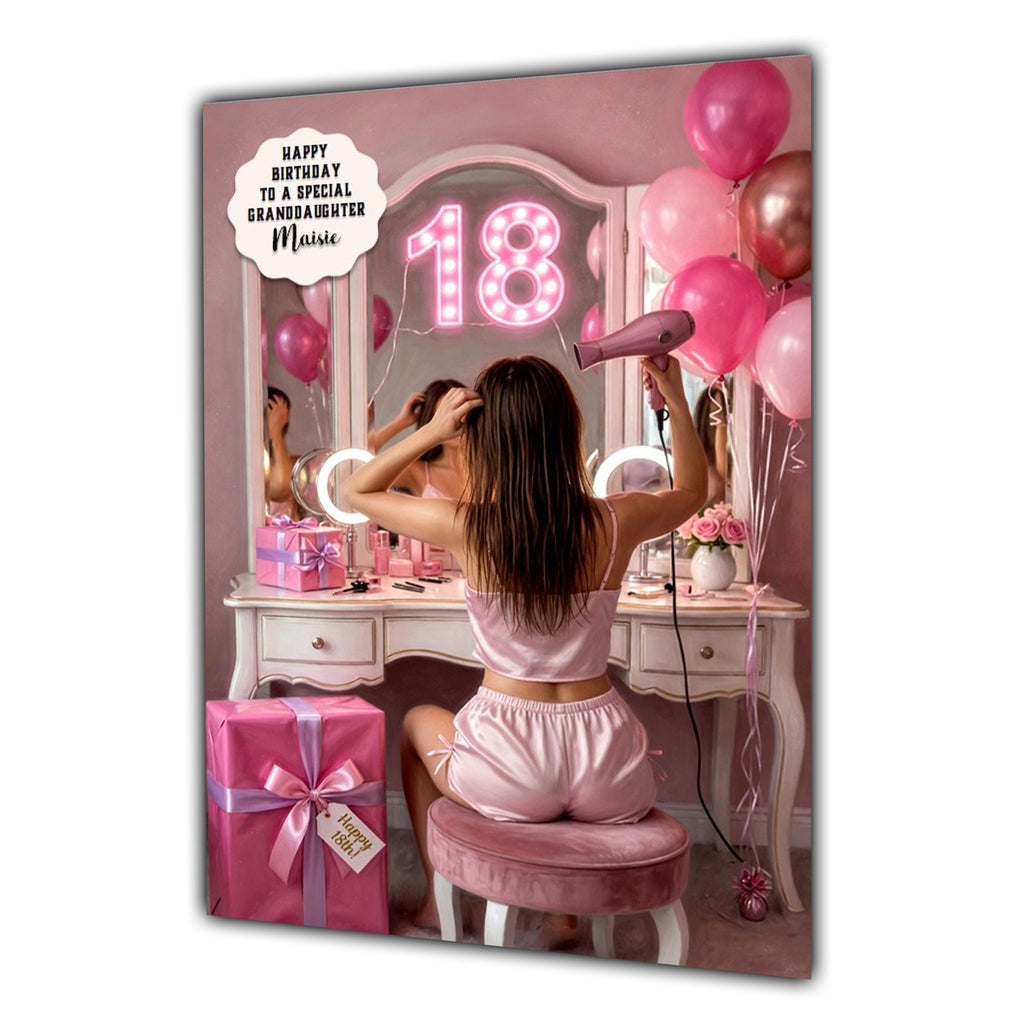 Personalised 18th Birthday Card - Girl at a Dressing Table - Brown Hair