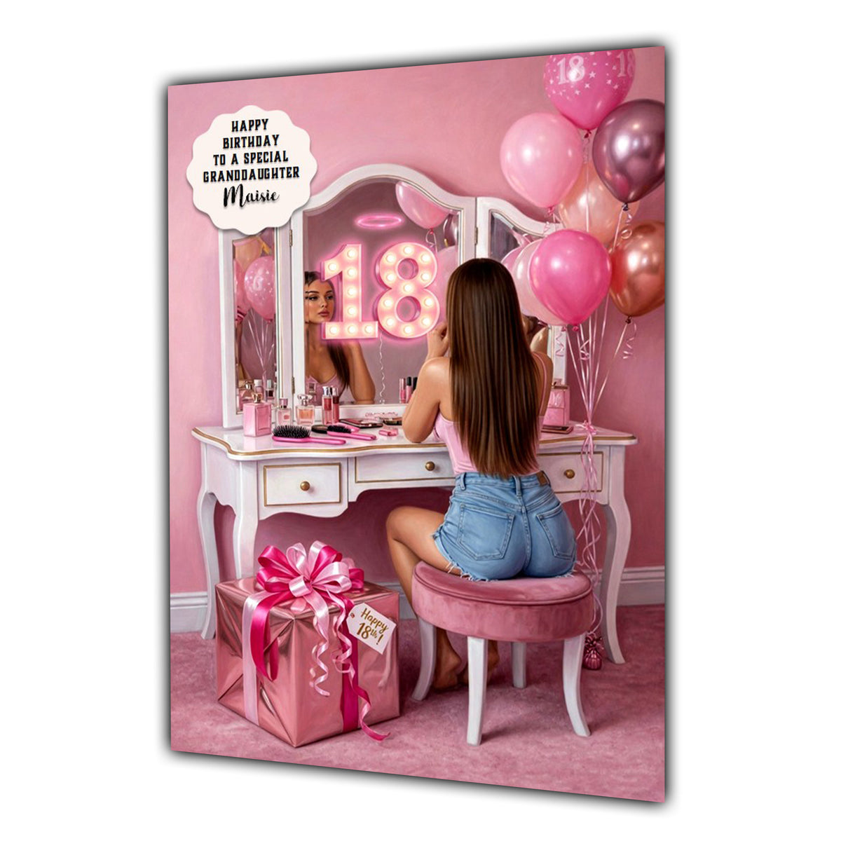 Personalised 18th Birthday Card - Girl at a Dressing Table - Brown Hair