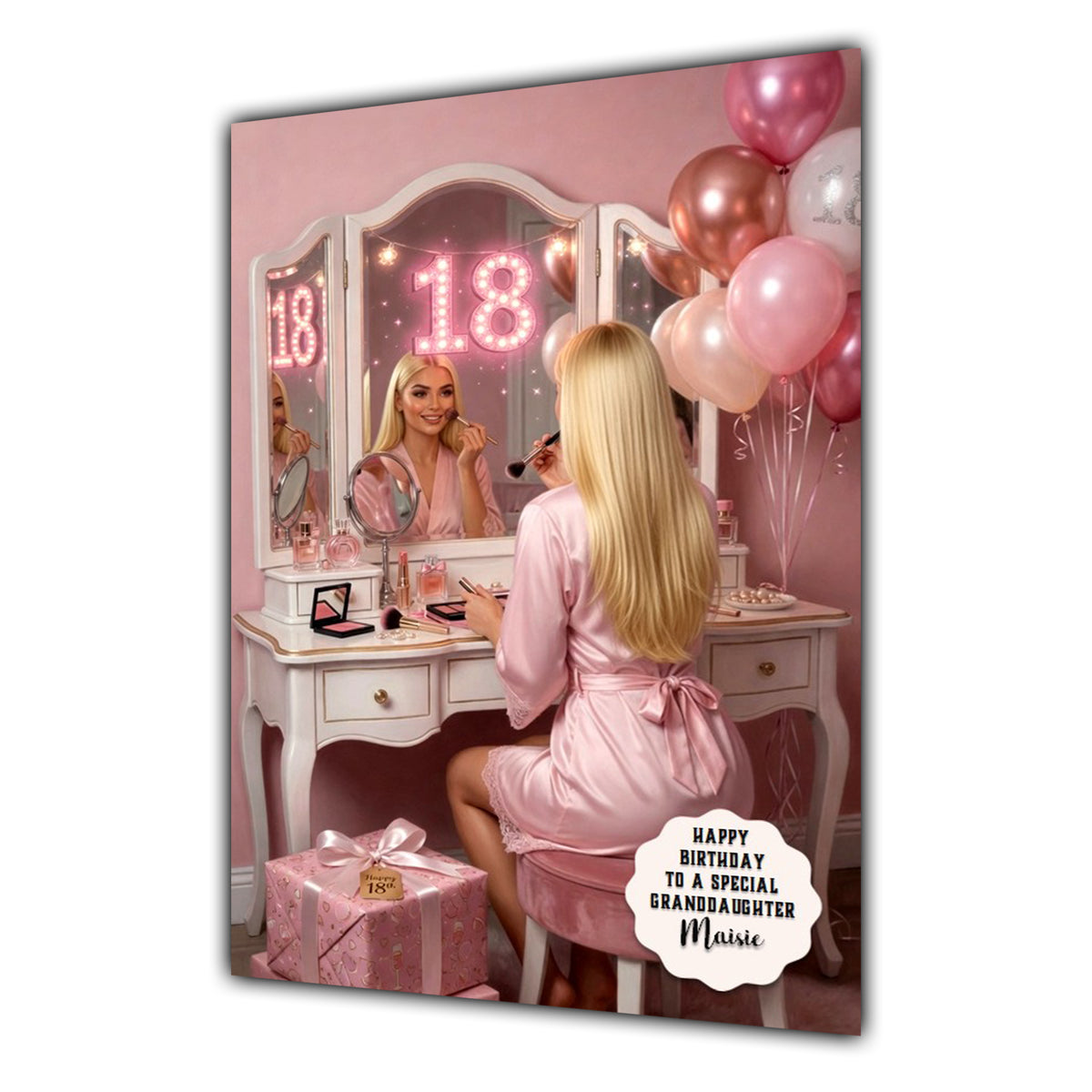 Personalised 18th Birthday Card - Girl at a Dressing Table - Blonde Hair