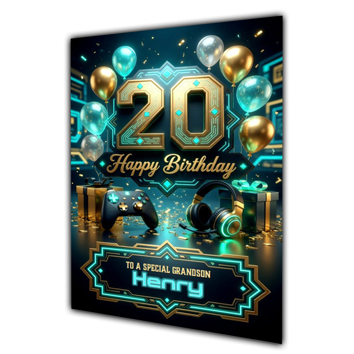 Personalised 20th Birthday Card - Gaming Controller, Headphones and Balloons