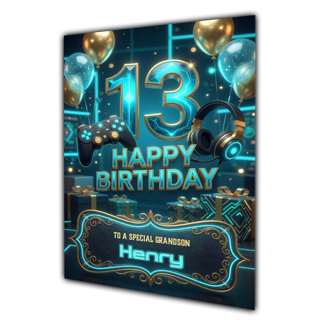 13th Birthday Card Boys Personalised, Son, Grandson, Gaming, Gamer A5 Size
