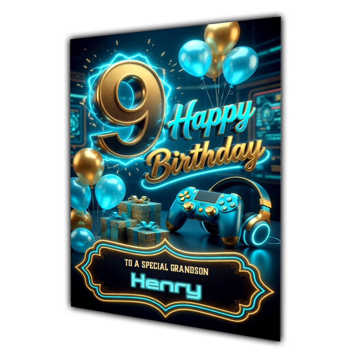 9th Birthday Card Boys Personalised, Son, Grandson, Gaming, Gamer A5 Size
