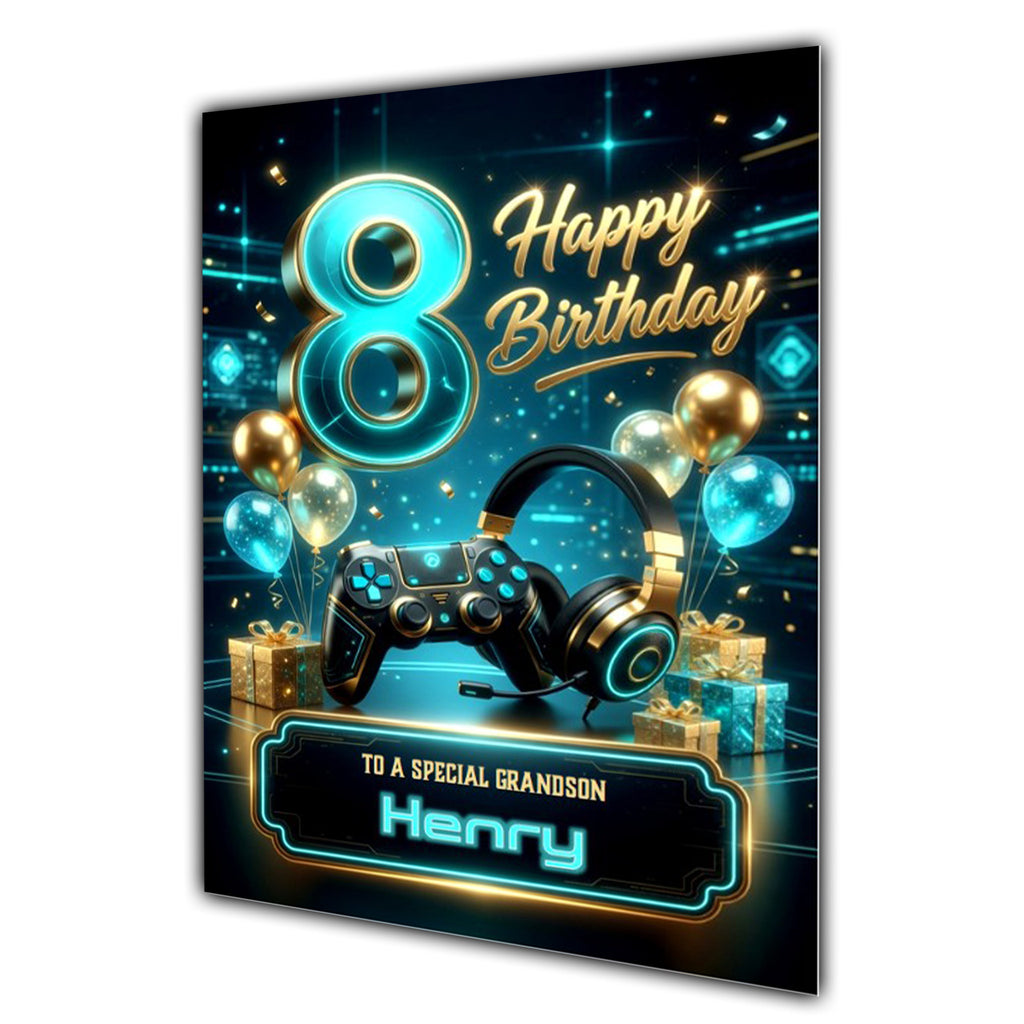 8th Birthday Card Boys Personalised, Son, Grandson, Gaming, Gamer A5 Size
