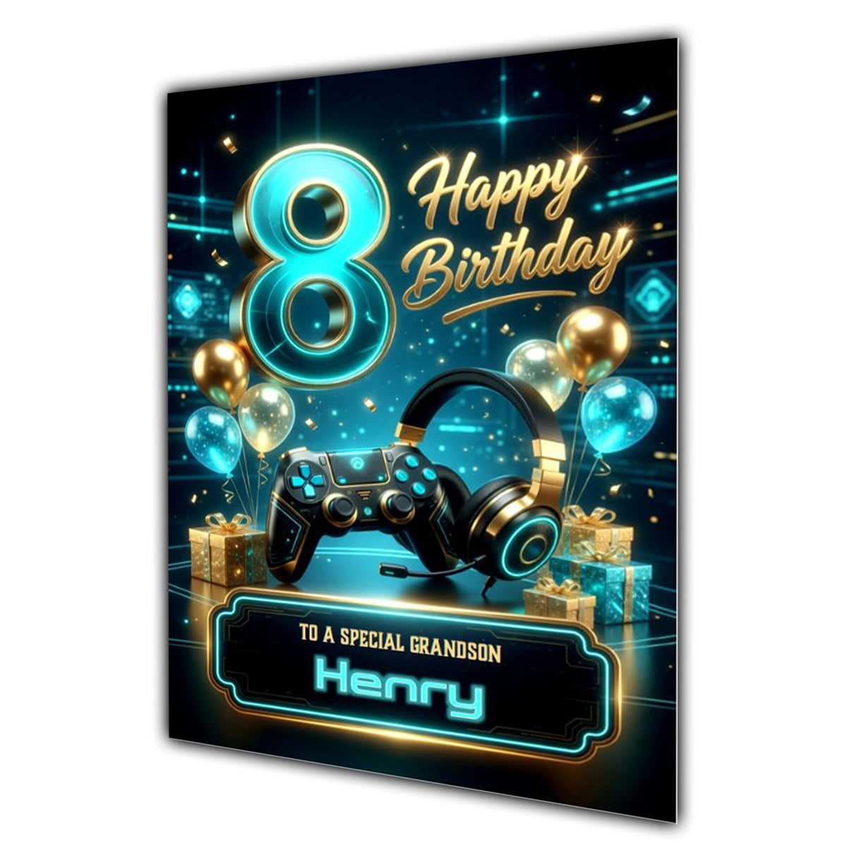 8th Birthday Card Boys Personalised, Son, Grandson, Gaming, Gamer A5 Size