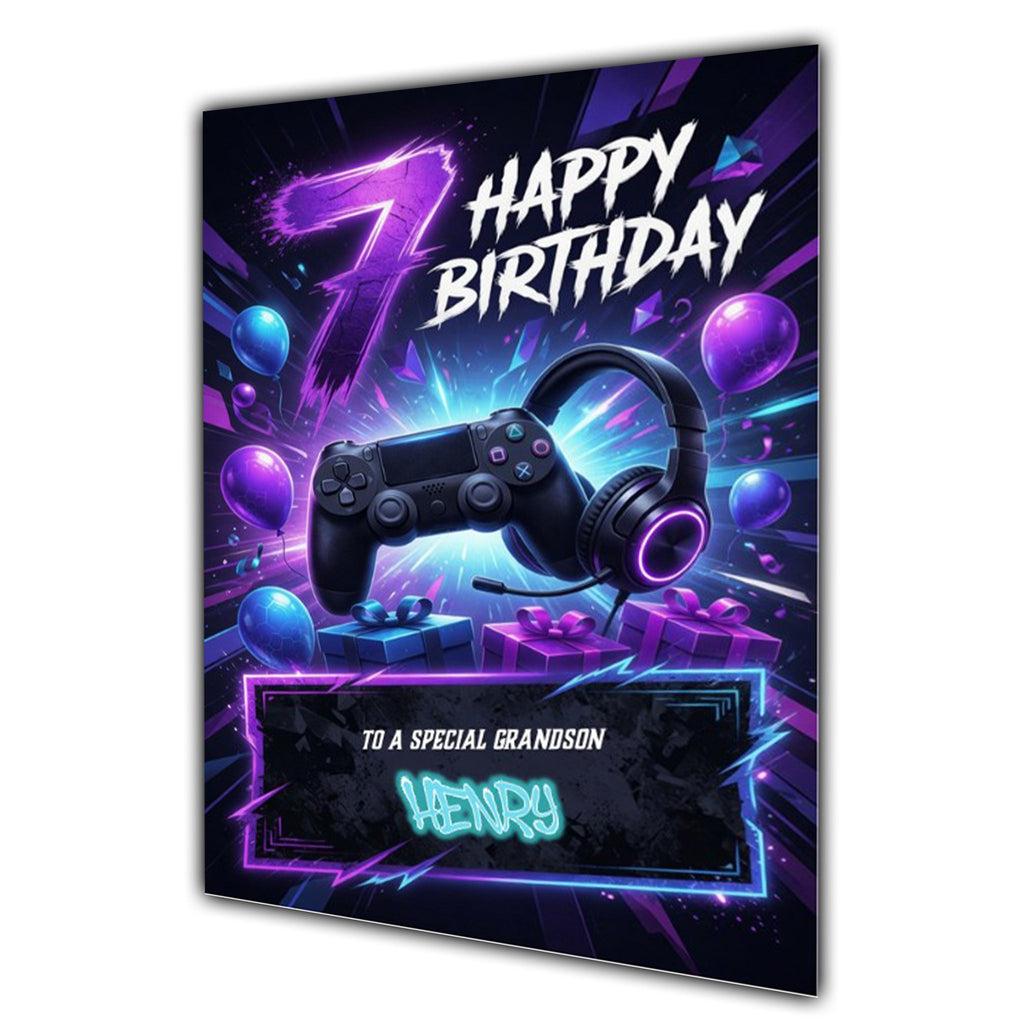 7th Birthday Card Boys Personalised, Son, Grandson, Gaming, Gamer A5 Size