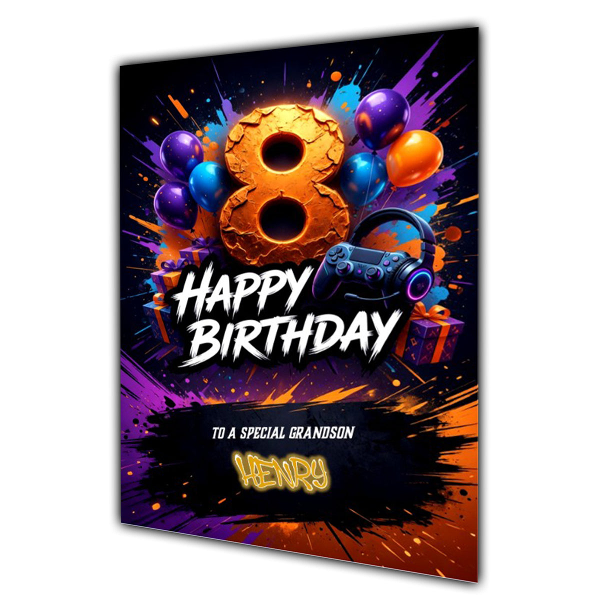 8th Birthday Card Boys Personalised, Son, Grandson, Gaming, Gamer A5 Size