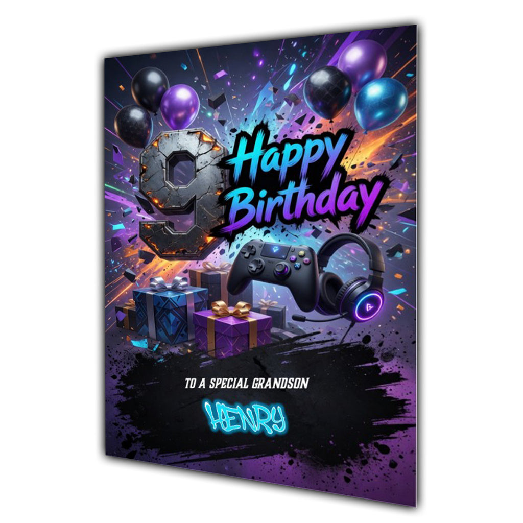 9th Birthday Card Boys Personalised, Son, Grandson, Gaming, Gamer A5 Size