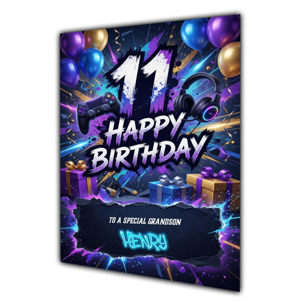 11th Birthday Card Boys Personalised, Son, Grandson, Gaming, Gamer A5 Size