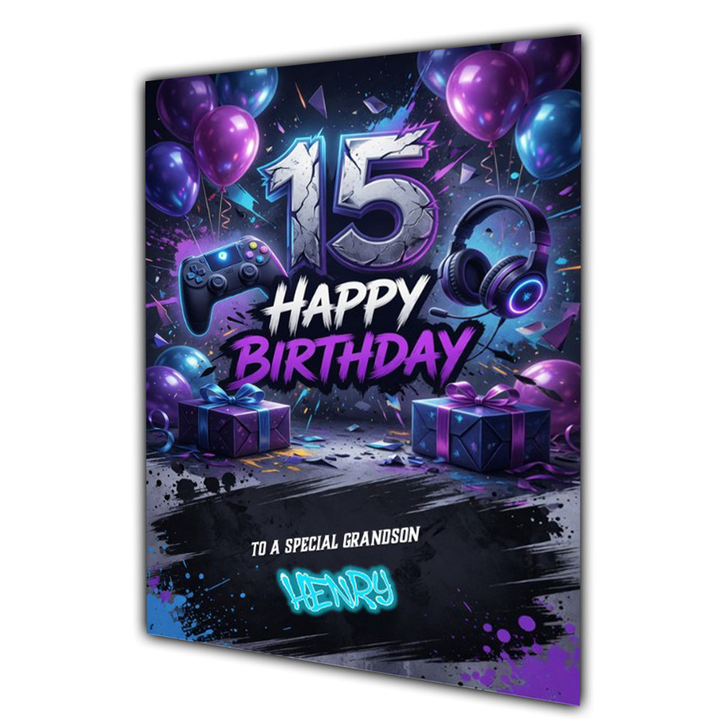 15th Birthday Card Boys Personalised, Son, Grandson, Gaming, Gamer A5 Size