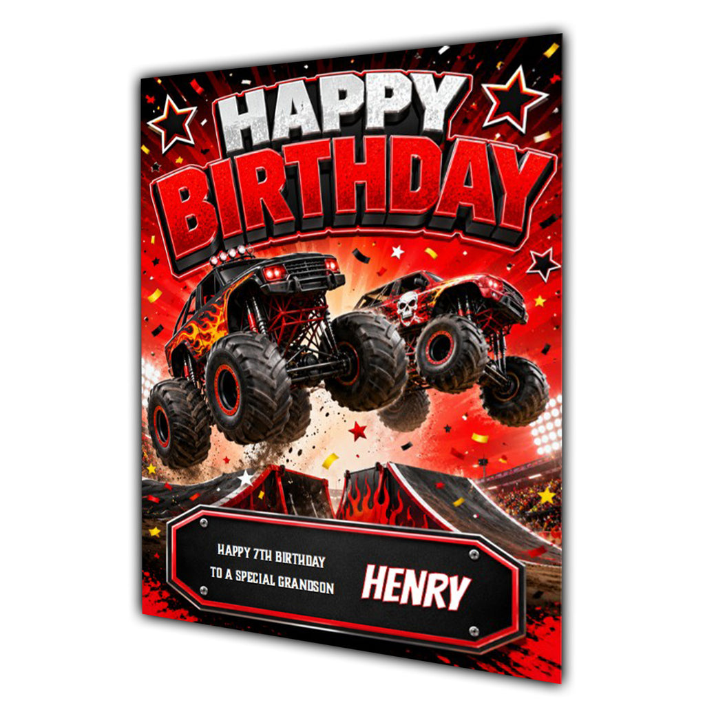 Monster Truck Birthday Card Boys Personalised, Son, Grandson, A5 Size