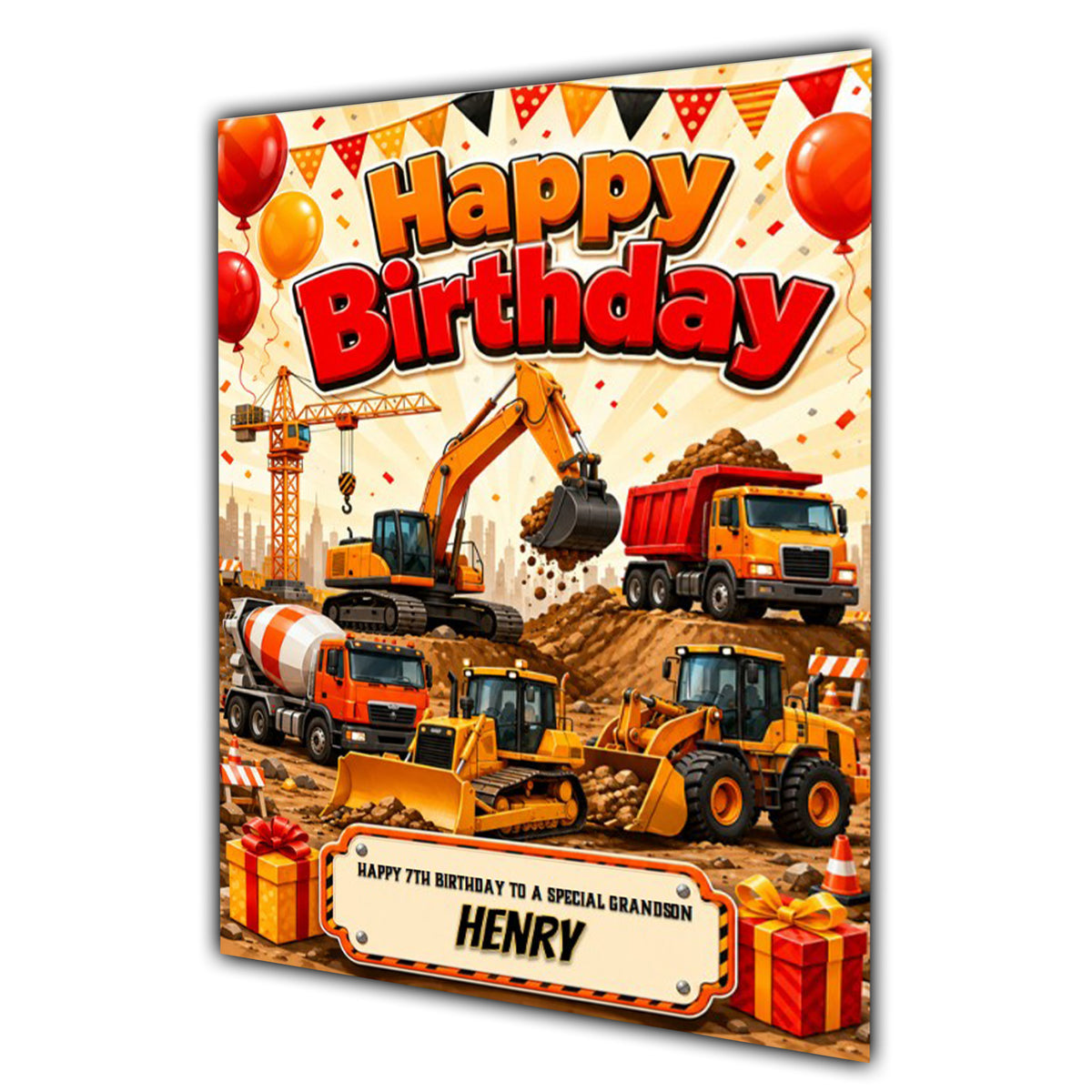Digger Truck Birthday Card Boys Personalised, Son, Grandson, A5 Size