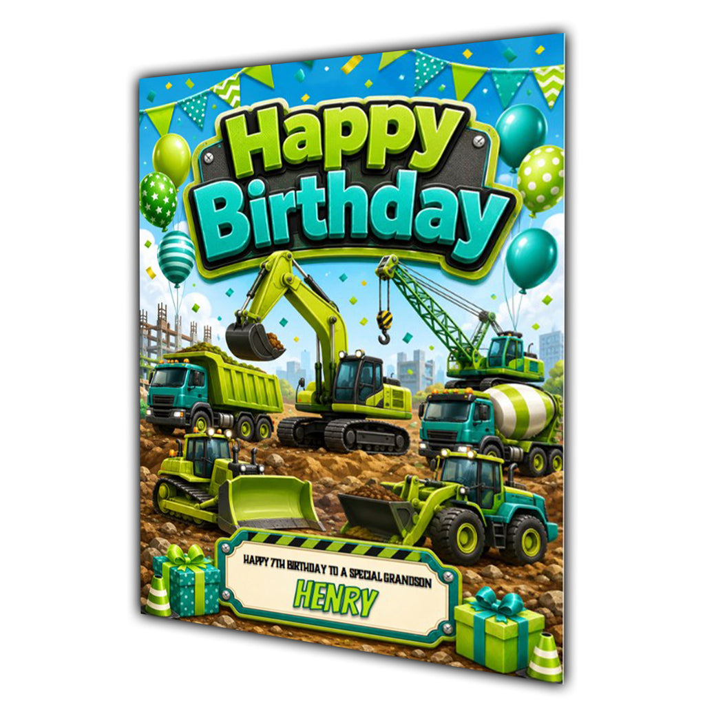 Digger Truck Birthday Card Boys Personalised, Son, Grandson, A5 Size