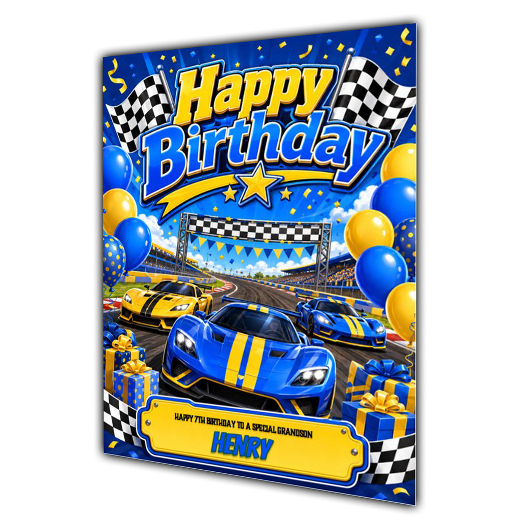 Racing Car Birthday Card Boys Personalised, Son, Grandson, A5 Size