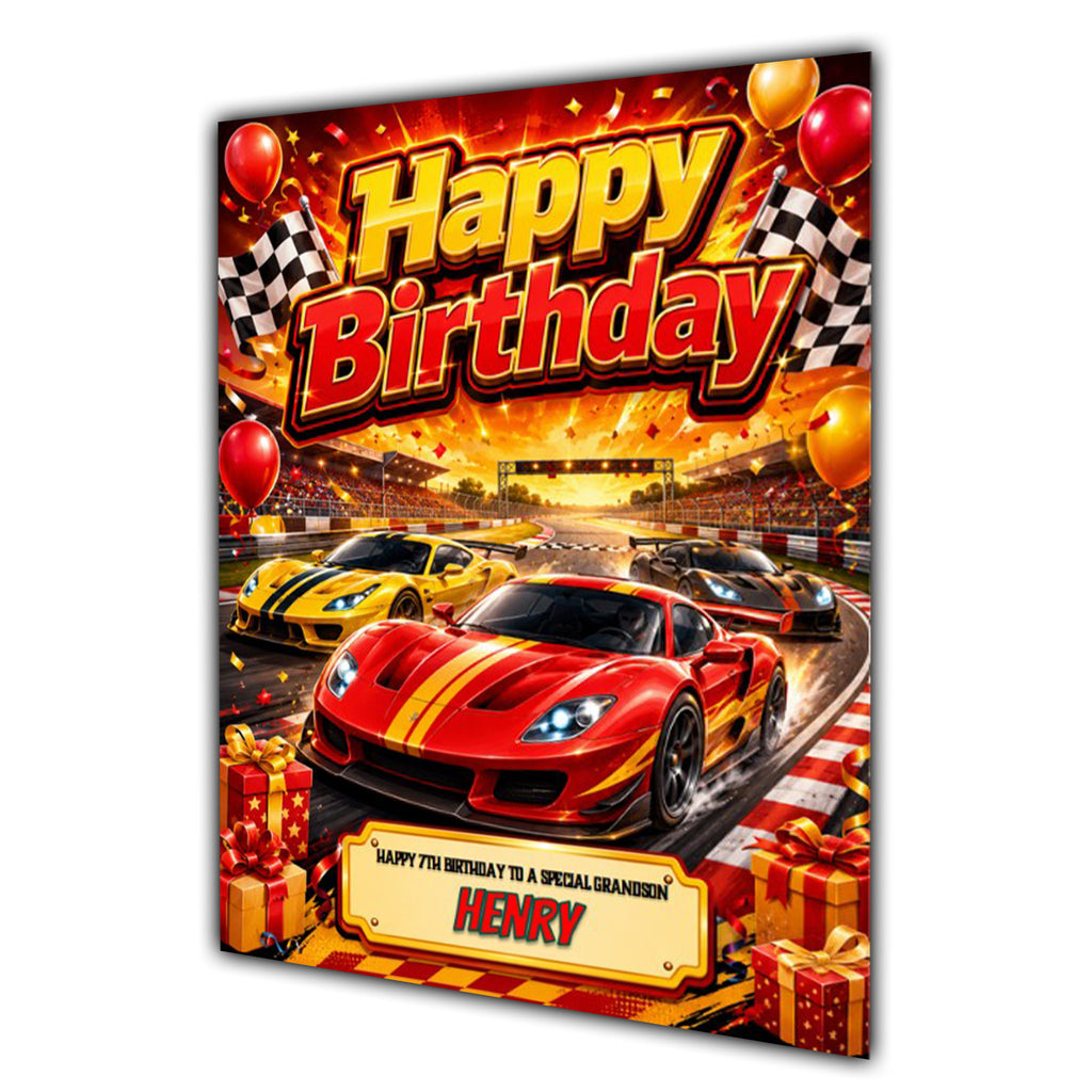Personalised Birthday Card - Red Racing Car and Birthday Presents