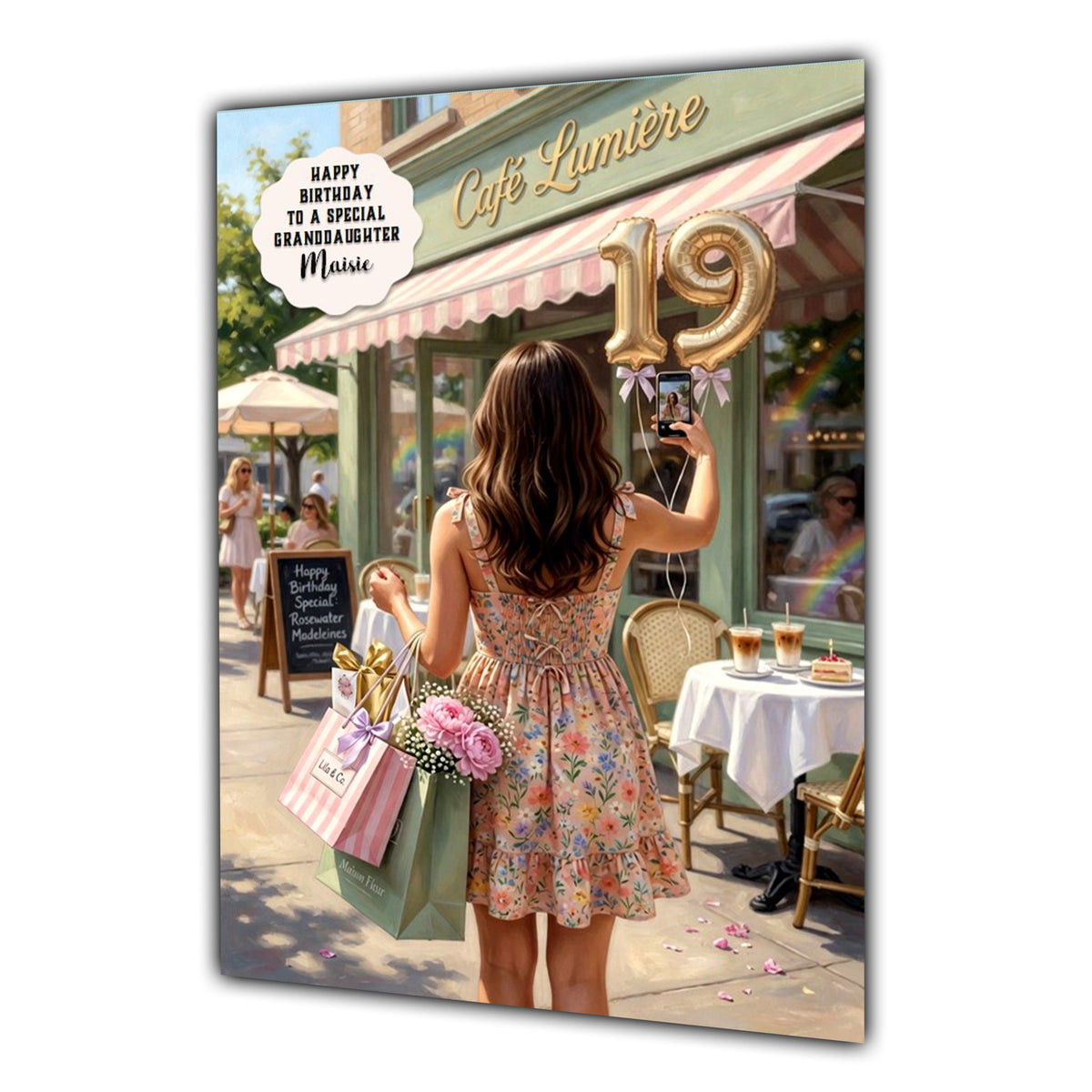 Personalised 19th Birthday Card - Girl Shopping near a Cafe - Brown Hair